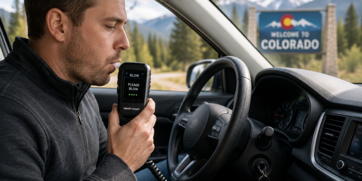 Driver using a Colorado ignition interlock device before starting a vehicle